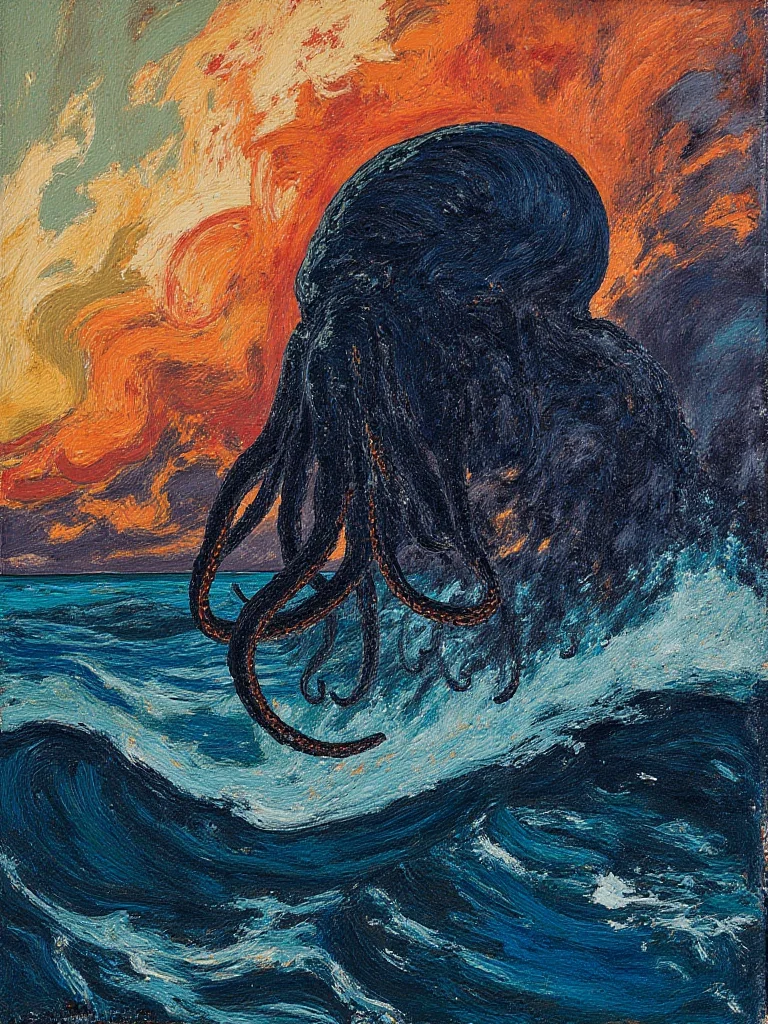 Vibrant and dramatic Post-Impressionist painting by artist Helmer Osslund. Profile silhouette of Cthulhu, detailed tentacles. A stormy ocean seascape background. The brushwork is expressive, with visible texture enhancing the nature of the subject. The mood is both melancholic and majestic, evoking a sense of solitude and power. Inspired by Nordic or National Romanticism painting traditions, with an emphasis on atmosphere and dynamic movement in the artwork
