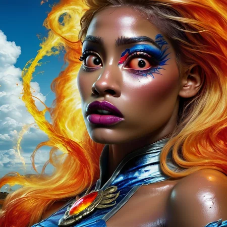 photo of Hyper realistic art Wonderful, intricate, (colorful, Afrofuturism art, black woman with the soul ethereal dragon spirit), black woman, black girl, dark skin, beautiful hazel eyes, large breasts, ((dragon inspired clothes and jewelry with high details, blue and white and red and orange iridescent colors)), bright colors, fire and ice, clouds and flames, alchemist, alt_style, cinematic, 35mm film, 35mm photography, film, photo realism, DSLR, 8k uhd, hdr, ultra-detailed, high quality, high contrast, Side View, medium-shot, intricate dress and shoes, (eyes wide eyes, shocked expression), clear bright white sclera, embedding:zPDXL2, <lora:PONY_XL_Black_Woman_Lora10>