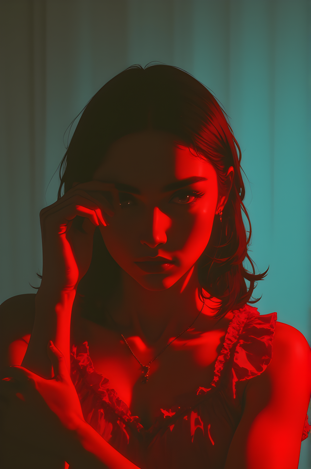 The scene is suffused with an intense, almost otherworldly glow of crimson light that bathes the subject in a vivid hue. The background is a cool teal, creating a stark contrast that amplifies the fiery red tones dominating the foreground. The lighting casts deep shadows across her face, adding layers of mystery and depth to her expression.
Her hair falls loosely around her shoulders, its dark strands catching the light in places, hinting at subtle textures and movement. She wears a delicate necklace, its thin chain barely visible against her skin but adding a touch of elegance to her appearance. Her attire is simple yet strikingâa sleeveless top with soft ruffles along the neckline, which catches the red illumination, making it appear almost translucent.
Her hand is raised gently to her face, fingers splayed as though she is shielding her eyes or perhaps adjusting her hair. This gesture lends an air of introspection to the image, as if she is caught in a moment of quiet contemplation or vulnerability. The way the red light wraps around her form creates a sense of intimacy, drawing the viewer into the emotional weight of the scene.
Her gaze is directed slightly off-camera, her expression serious yet thoughtful. The interplay between the bold reds and the cooler tones of the background creates a tension that feels both unsettling and captivating. Itâs as though the image exists in a liminal spaceâneither fully bright nor completely dark, inviting the viewer to linger and explore the nuances of her presence.
The overall atmosphere is one of quiet intensity, where the vibrant colors and dramatic lighting combine to evoke a sense of emotion that is both raw and enigmatic. It is a portrait that speaks not just of visual beauty but of the complex inner world of the subject, leaving the observer to wonder at the story behind her serene yet profound demeanor., <lora:FLUX\jul\J_Anime:0.7>, <lora:FLUX\RealAnime:0.7>