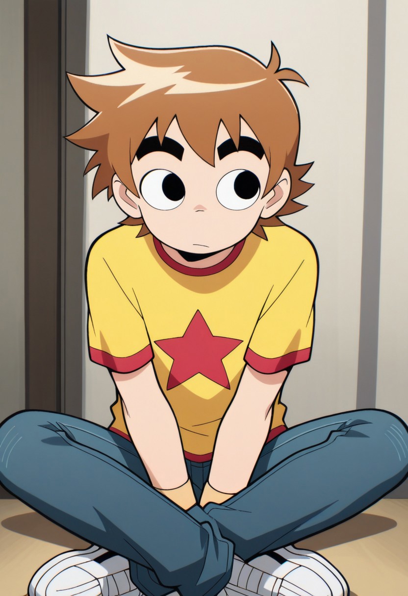 masterpiece,best quality,amazing quality, source_anime,
scotpilgr, 1boy, male focus, solo, black eyes, brown hair, short hair, t-shirt, yellow shirt, star (symbol), wristband, jeans, shoes, sneakers, indoor, indian style,
indoor,