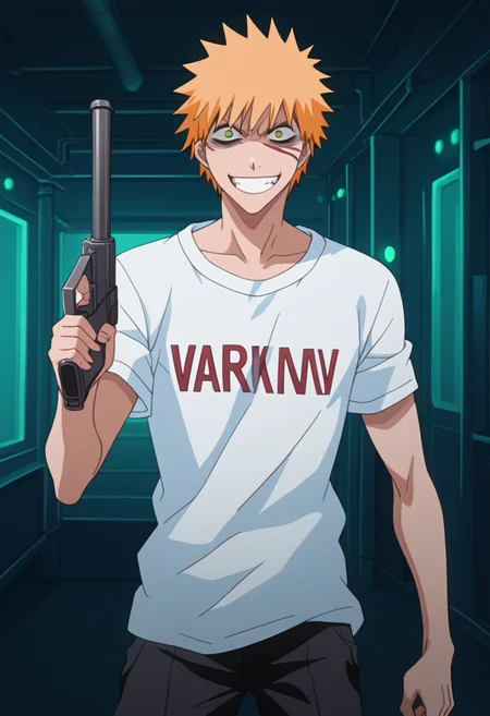 score_9, score_8_up, score_7_up, source_anime, masterpiece, 1boy, ichigo kurosaki, shirt, <lora:ichigo_kurosaki_ponyxl:1>, , angry, v-shaped eyebrows,  crazy smile, crazy eyes,  , malice, wrapped smile, shaded face,, futuristic research facility, dim lights, dark interior, cold colors, green lights , interfaces , pipes,, solo, standing, holding gun, cowboy shot,