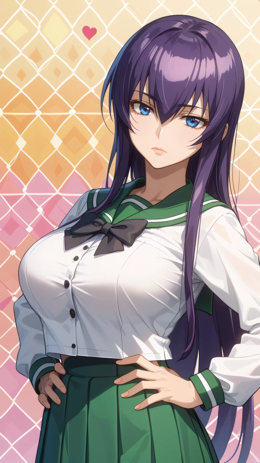 score_9, score_8_up, score_7_up, 1girl, looking at viewer, sunlight, abstract background, argyle background, rainbow, heart, upper body, close-up, portrait,
<lora:Saeko_Busujima_Dwnsty_r1:0.8>, saeko_busujima, purple hair, blue eyes, long hair, hair between eyes, school uniform, serafuku, green skirt, long skirt, pleated skirt, black bowtie,
lips, expressionless, large breasts, skindentation, mature female, hands on own hips,