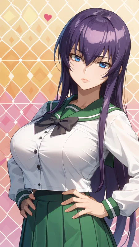score_9, score_8_up, score_7_up, 1girl, looking at viewer, sunlight, abstract background, argyle background, rainbow, heart, upper body, close-up, portrait,
<lora:Saeko_Busujima_Dwnsty_r1:0.8>, saeko_busujima, purple hair, blue eyes, long hair, hair between eyes, school uniform, serafuku, green skirt, long skirt, pleated skirt, black bowtie,
lips, expressionless, large breasts, skindentation, mature female, hands on own hips,