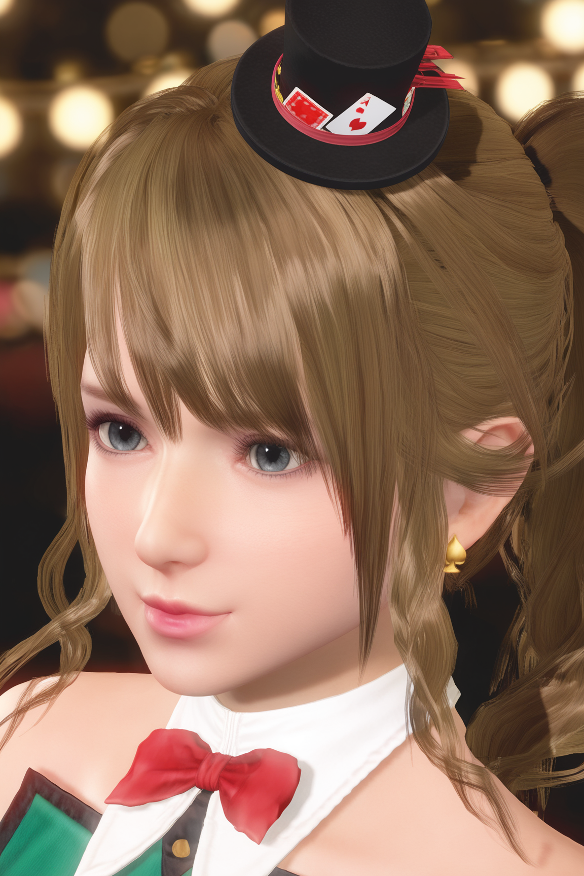 score_9,score_8,score_7_up,best quality,high detailed,realistic,   monica \(doaxvv\), 1girl, solo, looking ahead, closed mouth, grey eyes, pink lips, blonde hair, swept bangs, wavy ponytail, wavy sidelocks, (gold spade earring), ofroyalflush, tilted mini black top hat, red hat ribbon, ace of hearts on hat, red patterned card back on hat, jetons on hat, white detached collar, bare shoulders, close-up, hair focus, from above, from side,  city_lights, bokeh,        <lora:doa_monica_pdxl_v11:0.9000000000000001>