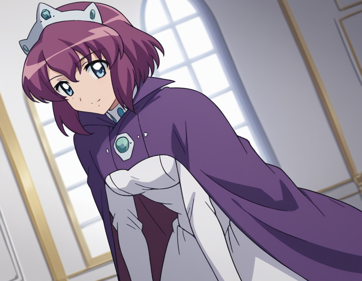score_9, score_8_up, score_7_up, source_anime,
henriettadetristain, <lora:henrietta-de-tristain-s3-ponyxl-lora-nochekaiser:1>,
henrietta de tristain, short hair, blue eyes, purple hair,
long sleeves, hat, dress, cape, tiara, crown, purple cape, white dress, long sleeves,
indoors, bent over, smile,
looking at viewer, cowboy shot, solo, dutch angle