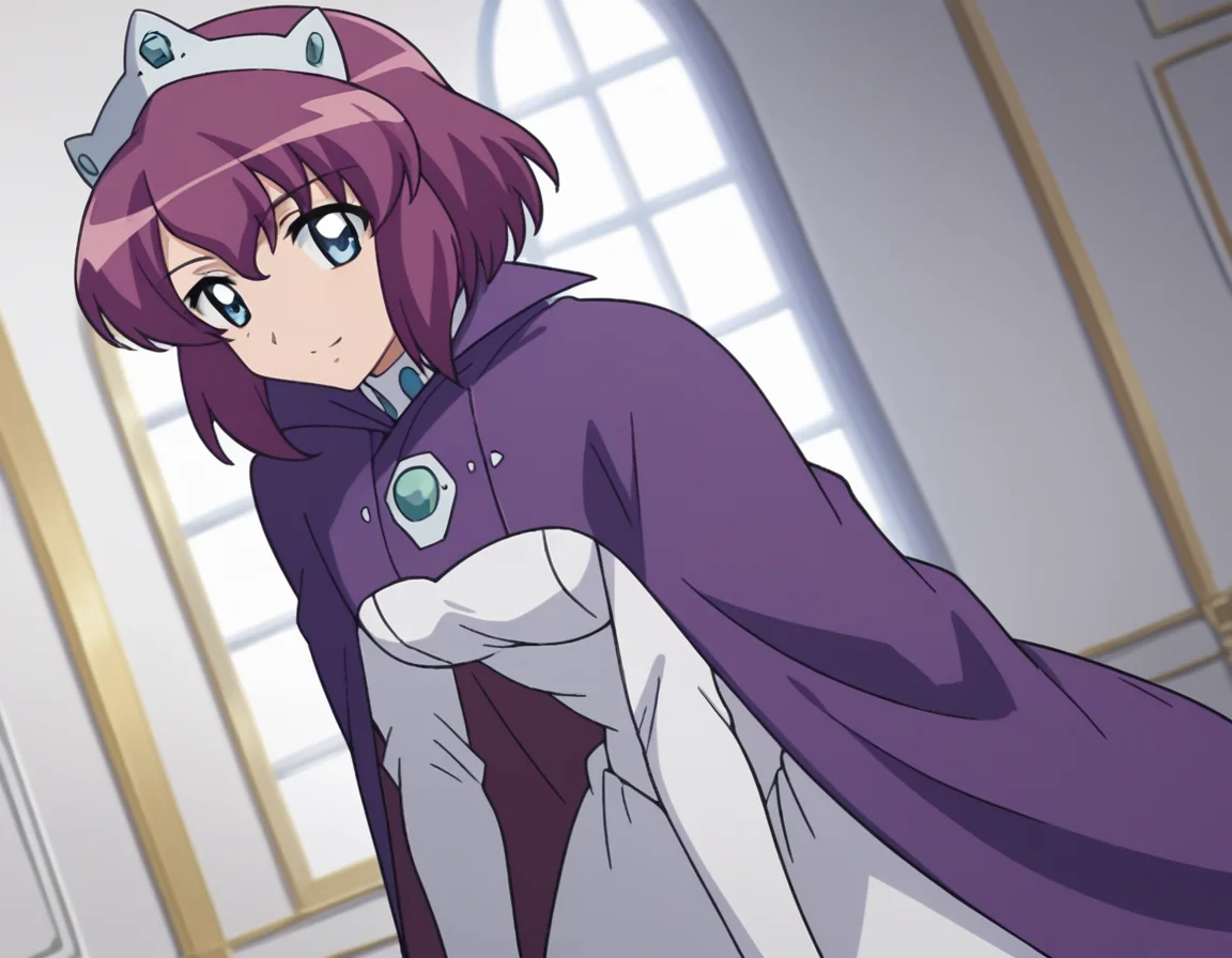 score_9, score_8_up, score_7_up, source_anime,
henriettadetristain, <lora:henrietta-de-tristain-s3-ponyxl-lora-nochekaiser:1>,
henrietta de tristain, short hair, blue eyes, purple hair,
long sleeves, hat, dress, cape, tiara, crown, purple cape, white dress, long sleeves,
indoors, bent over, smile,
looking at viewer, cowboy shot, solo, dutch angle