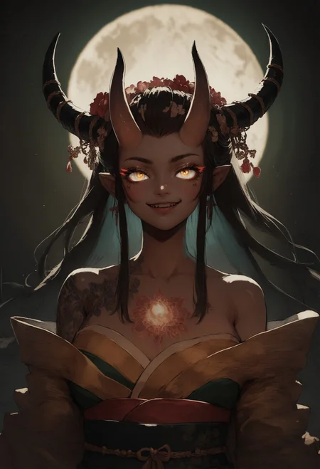 score_9, score_8_up, score_7_up,  score_9, score_8_up, score_7_up, Japanese teenage girl, floral kimono, exposed shoulders, beautiful face, thick eyelashes, glowing white eyes, white demon horns, long flowy black hair, cute smile, dark eyeshadow, glowing shoulders tattoos, glowing back tattoos, floral decoration in hair, night time, shinning moon, lit by moonlight, ambient lighting, fangs, demon skin  <lora:pony/concept_art_ultimatum> <lora:sdxl/sinfully_stylish_sdxl>