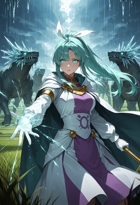 masterpiece, best quality, realistic, 1girl, cowboy shot, legs apart, (holding staff:0.95), outstretched arm, casting water spell, sideways glance, determined,
m1a, aqua hair, parted bang, high ponytail, long hair, antenna hair, sidelocks, aqua eyes, (glowing eyes:0.8), 
hair ribbon, cape, two-tone dress, white and purple dress, long sleeves, long dress, white gloves, 
blue skies, volumetric lighting, rolling hills, grassland, fantasy, surrounded by (monsters:1.1), (raining icicles:1.1), ice sparkles, wind, open hand,
 <lora:gsmia-illu-nvwls-v1:1>