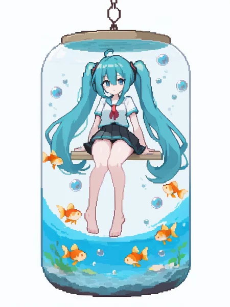 <lora:pixel style-000008:0.7>,pixel style,1girl, hatsune miku, long hair, solo, school uniform, skirt, serafuku, submerged, barefoot, twintails, fish, in container, goldfish, very long hair, blue eyes, liquid hair, bubble, aqua hair, wind chime, ahoge, air bubble, looking at viewer, floating hair, white background, black skirt, hair ribbon, hugging own legs, bare legs