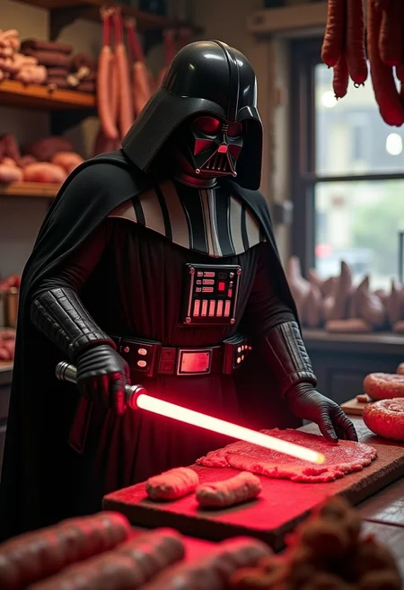 Dark vador as a butcher ,working in a butcher shop ,cutting meat with his red light saber,sausages hanging at the back,roasts some nieces pieces of meats in a nice window warm atmosphere ,dark vador looking very conscenscious, motion on cutting, focus on detail of the light saber,respect the dark vador attire,daylight, background butcher shop,make a commercial sign with the mention "chewie meat promotion today !!!" High définition,
