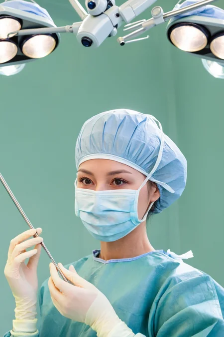 A female surgeon in surgical outfit, surgical mask, surgical cap and surgical gloves, Detailed picture, very high resolution, operating room, <lora:concept_surgeon_xl_v1:1>