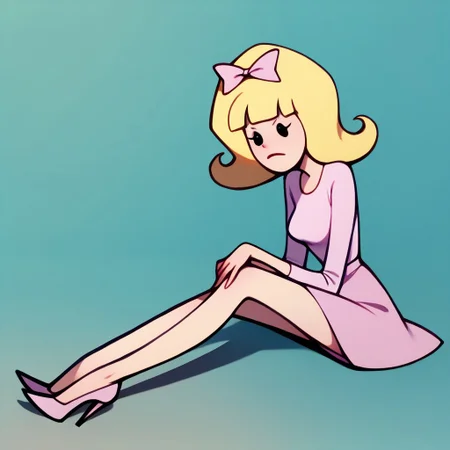 score_9, score_8_up, score_7_up BREAK debTO, 1girl, blonde hair, black eyes, pink bow, light pink shirt, longsleeved light pink shirt, pink skirt, pink high-heeled shoes, high-heeled shoes,
