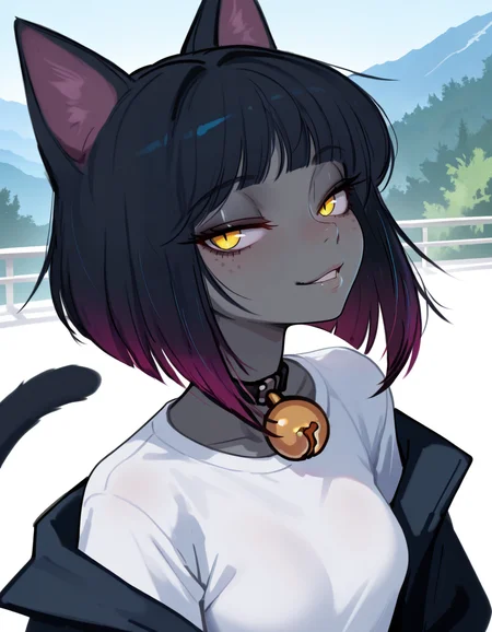 masterpiece, best quality, very aesthetic, absurdres,
outdoors, 
upper body, headshot, 
t-shirt, open jacket, 
seductive smile, parted lips, long eyelashes,
<lora:Agnes_v01_NAIXL:1>
4gn3s,1girl,solo,cat girl,cat ears,multicolored hair,bangs,bob cut,yellow eyes,neck bell,grey skin,cat tail,