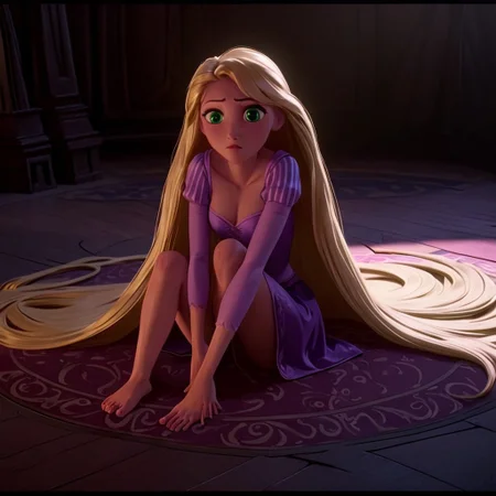 RapTang, 1girl, solo, blonde hair, very long hair, green eyes, 4K, best quality, cinematic light, disney, laying floor, barefoot, posing