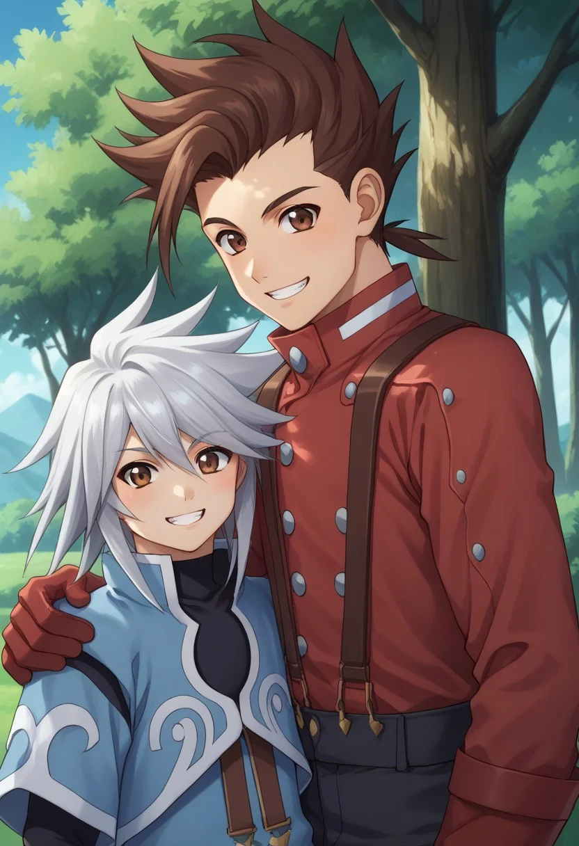 score_9, score_8_up, score_7_up, source_anime, highly detailed,
lloyd,
1boy, brown hair, red shirt, male focus, shirt, gloves, brown eyes, spiked hair, suspenders, looking at viewer, smile, grin, BREAK
genis, male focus, 1boy, long hair, silver hair, shirt, jacket, black shirt, blue jacket, BREAK
outdoor, sky, tree, upper body, posing for a photo, height difference, hand on another's shoulder,