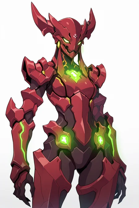 masterpiece, best quality, amazing quality,
<lora:Rouge_IL:1> solo, armor, horns, white background, green glowing, red, helmet, no humans, simple background, standing, science fiction, mecharouge