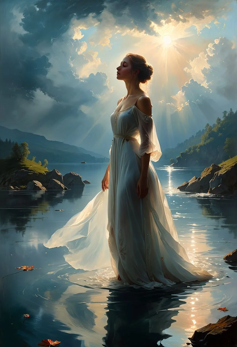 ((masterpiece, best quality, high quality, highres, ultra-detailed)), (oil painting:0.1), (best quality, 8K, high resolution, extreme detail, outstanding composition:1.4), art by Jeremy Mann, dramatic light, aesthetic of hard - edge painting:0.1), a low-key digital painting depicting woman emerging from a lake, with rays of light cutting through the clouds, creating a moody atmosphere, her expression both powerful and contemplative. She wears a royal white dress, Lady of the Lake, transparent. Wellingtons, full body, oil on canvas, (ivan aivazovsky:0.1), (best quality, high resolution, extreme detail, outstanding composition, masterpiece:1.4), award winning, (aesthetic of conceptual art with volcanic atmosphere:0.5), screen space reflections (ssr), absolute sharpness, f/11, symmetry and balance, distinctive breathtaking magnum with delicate details, epic shot, action shot, moody picture,