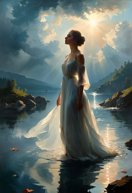 ((masterpiece, best quality, high quality, highres, ultra-detailed)), (oil painting:0.1),  (best quality, 8K, high resolution, extreme detail, outstanding composition:1.4), art by Jeremy Mann, dramatic light, aesthetic of hard - edge painting:0.1), a low-key digital painting depicting woman emerging from a lake, with rays of light cutting through the clouds, creating a moody atmosphere, her expression both powerful and contemplative. She wears a royal white dress, Lady of the Lake, transparent. Wellingtons, full body, oil on canvas, (ivan aivazovsky:0.1), (best quality, high resolution, extreme detail, outstanding composition, masterpiece:1.4), award winning, (aesthetic of conceptual art with volcanic atmosphere:0.5), screen space reflections (ssr), absolute sharpness, f/11, symmetry and balance, distinctive breathtaking magnum with delicate details, epic shot, action shot, moody picture,