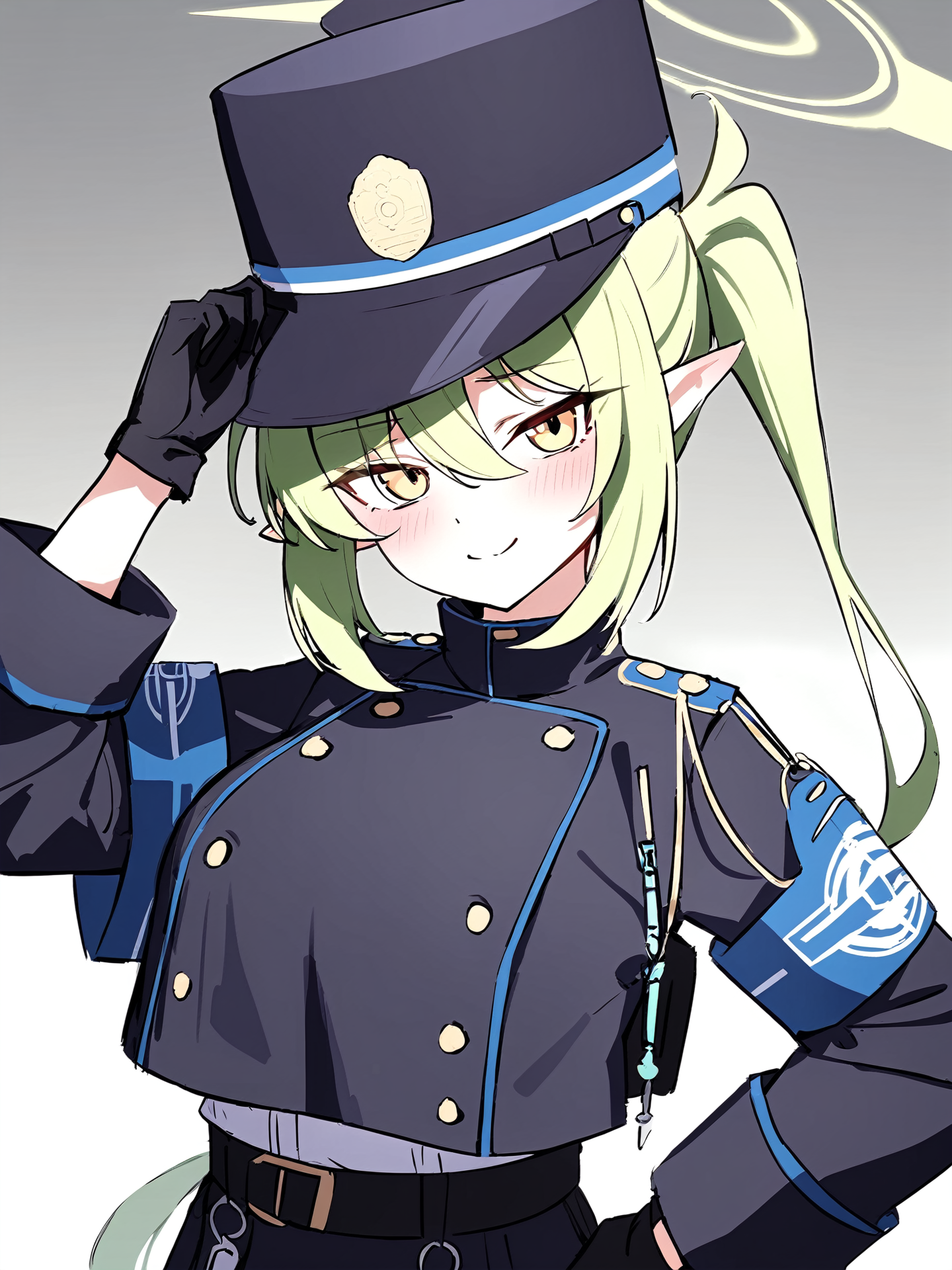 1girl,nozomi \(blue archive\), blue archive, solo, long hair, hat, green hair, pointy ears, halo, yellow eyes, peaked cap, jacket, black gloves, hand on own hip, closed mouth, hair over one eye, looking at viewer, brown necktie, large breasts, eyes visible through hair, smile, long sleeves, side ponytail, gloves, upper body, light green hair, character name, necktie, breasts, english text, blush, black headwear, white jacket,
masterpiece,best quality,  newest, absurdres, safe   <lora:eps_twin_fp8-000028:1>