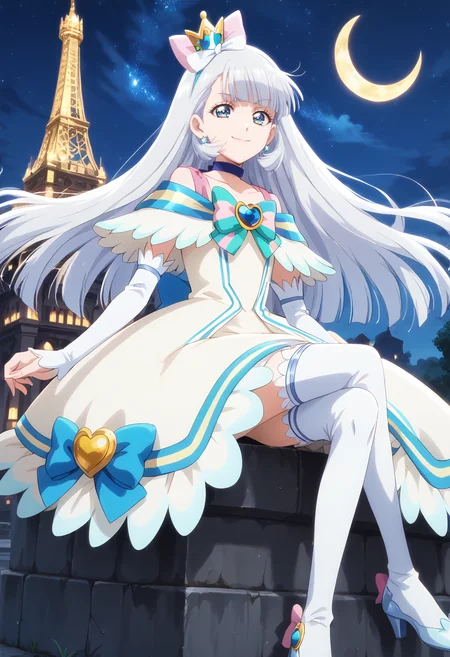 score_9,score_8_up,score_7_up,score_6_up,source_anime,anime screencap,anime coloring,detailed background,anipai_style,<lora:curenyammy.pony>,<lora:Anipai_style-07>,
1girl,solo,curenyammy,magical girl,BLUE EYES,WHITE HAIR,SIDE LOCKS,LONG HAIR,BANGS,WHITE DRESS,CHOKER,THIGHHIGHS,
smirk,closed mouth,full body,from_side,looking_at_viewer,stylish_pose,indian_style,crossed_legs,
tower,gothic architecture,night_sky,starry_sky,crescent,
(score_6:-1),(score_5:-1),(score_4:-1),(source_furry:-1),(source_pony:-1),(source_cartoon:-1),(low quality:-1),(worst quality:-1),(bad anatomy:-1),(muscular:-1),(text:-1),(username:-1),(out of focus:-1),(3d:-1),(monochrome:-1),(greyscale:-1),<lora:cfg_scale_boost:0.4>,zPDXL3,