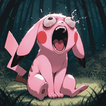 pikachu, pokemon, pink fur, screaming, bulging eyes, eye pop, sitting, hands between legs, grass, horror, [solo, no humans],
detailed background,
lianbiglian, moshimoshibe, parororo,
best quality, absurdres, very aesthetic, masterpiece, [dynamic pose]