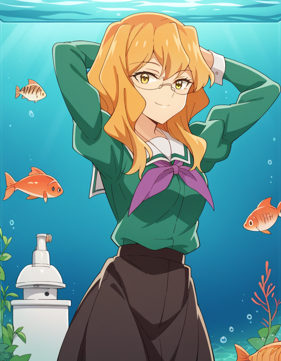 score_9, score_8_up, score_7_up, source_anime, <lora:sumika-chibana-s1-ponyxl-lora-nochekaiser:1>, sumika chibana, long hair, blonde hair, yellow eyes, glasses,, skirt, long sleeves, school uniform, puffy sleeves, serafuku, purple neckerchief, green shirt, black skirt, long skirt,, aquarium, water, fish, tanks, blue, smile, hands behind head,, looking at viewer, solo,, dutch angle, cowboy shot