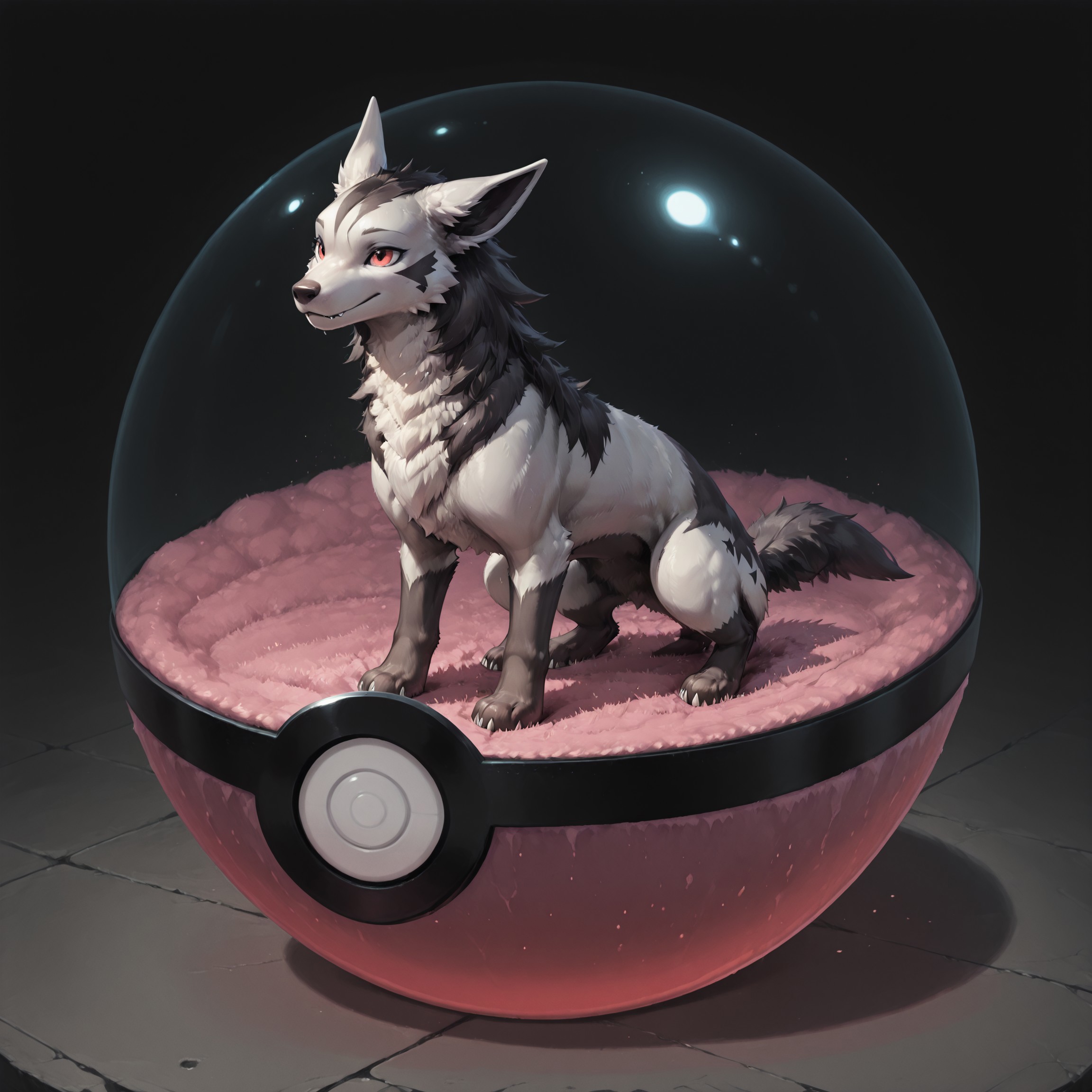 score_9, score_8_up, score_7_up, very aesthetic, by reallynxgirl, Expressiveh, absurdres, suggestive, best quality, solo, feral, mightyena,1ns1d3pok3ballv2, inside pokeball, no humans