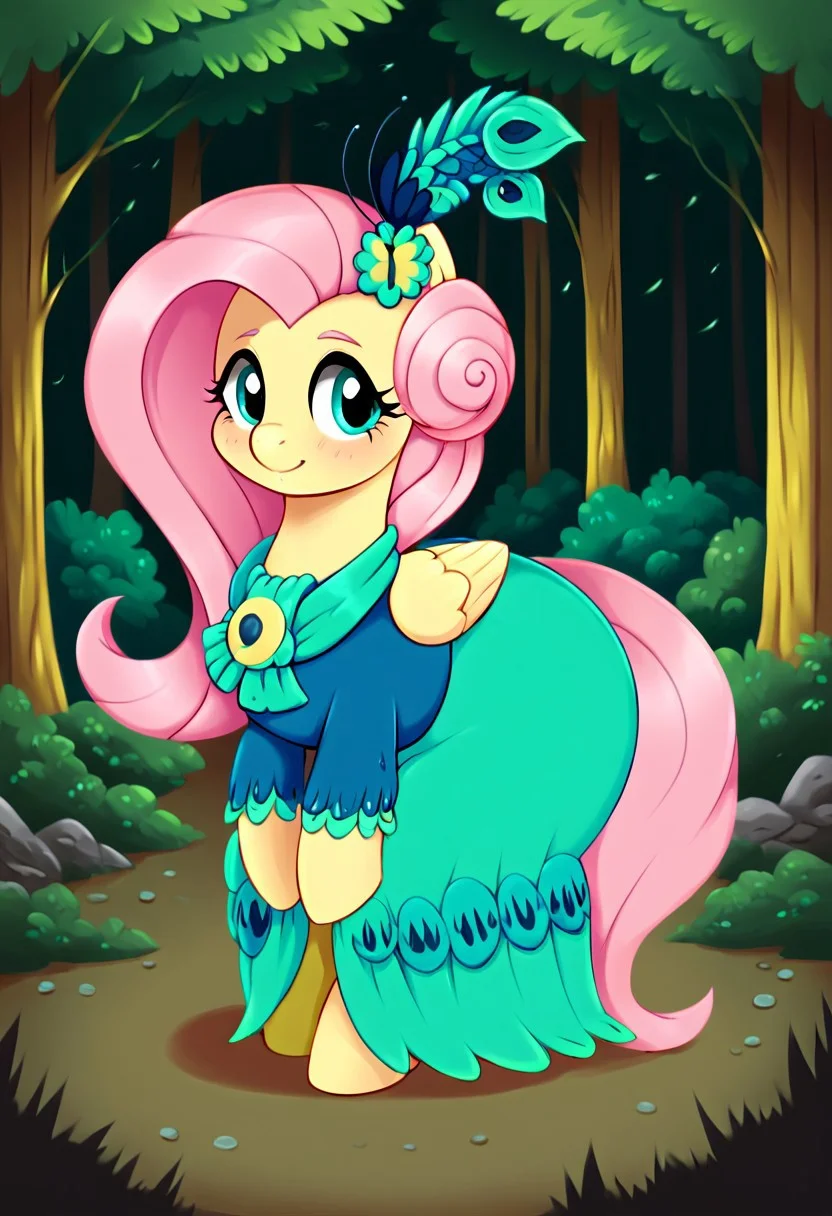 score_9, score_8_up, score_7_up, score_6_up, score_5_up, score_4_up, rating suggestive,my little pony, ((feral pony)), 1girl, ((solo)), (sexy),beautifully detailed, (detailed cute pony face), ((detailed forest background:1.5)), ((woman)), high angle, (cute smile:1.0), ((up-close)) 1girl, ((solo)), (sexy,huge butt,hyper hips), full body, walking in the forest <lora:Fluttershy_second_Gala:1>Fluttershy, a beautiful dress resembling peacock feathers in green and turquoise tones, a head decoration with feathers and an additional flower