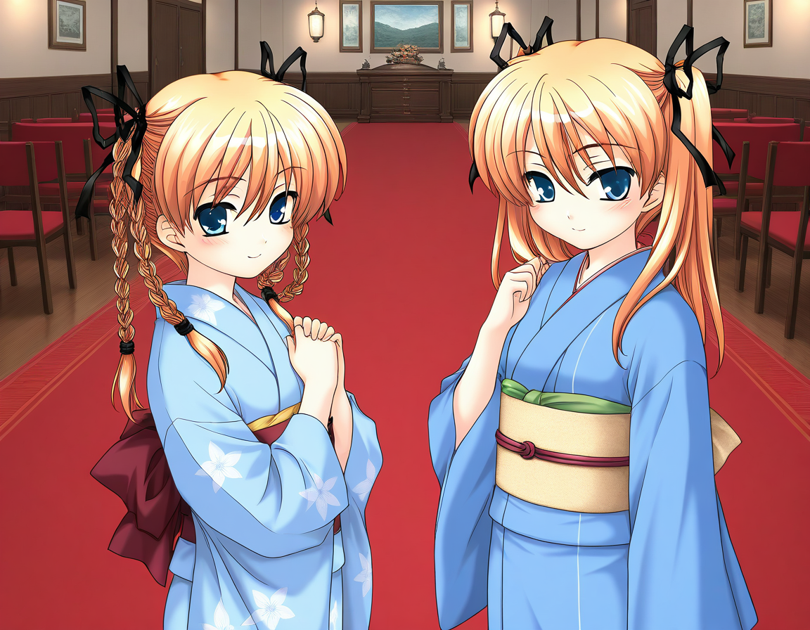 general,highres, ultra-detailed,very aesthetic,best quality ,best hands,  BREAK <lora:Itsukiï¼Imi_IS:1>ãItsukiï¼Imi, 
multiple girls, 2girls, japanese clothes, blue kimono, braid, siblings, twin braids, twintails, 
ribbon, yukata, long sleeves, blue kimono, sash, smile, obi, blush, own hands together short stack, looking at viewer, cowboy_Shot, room, chair, red carpet,