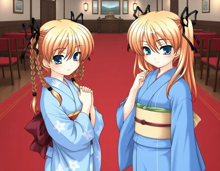 general,highres, ultra-detailed,very aesthetic,best quality ,best hands, BREAK <lora:Itsukiï¼Imi_IS:1>ãItsukiï¼Imi,
multiple girls, 2girls, japanese clothes, blue kimono, braid, siblings, twin braids, twintails,
ribbon, yukata, long sleeves, blue kimono, sash, smile, obi, blush, own hands together short stack, looking at viewer, cowboy_Shot, room, chair, red carpet,