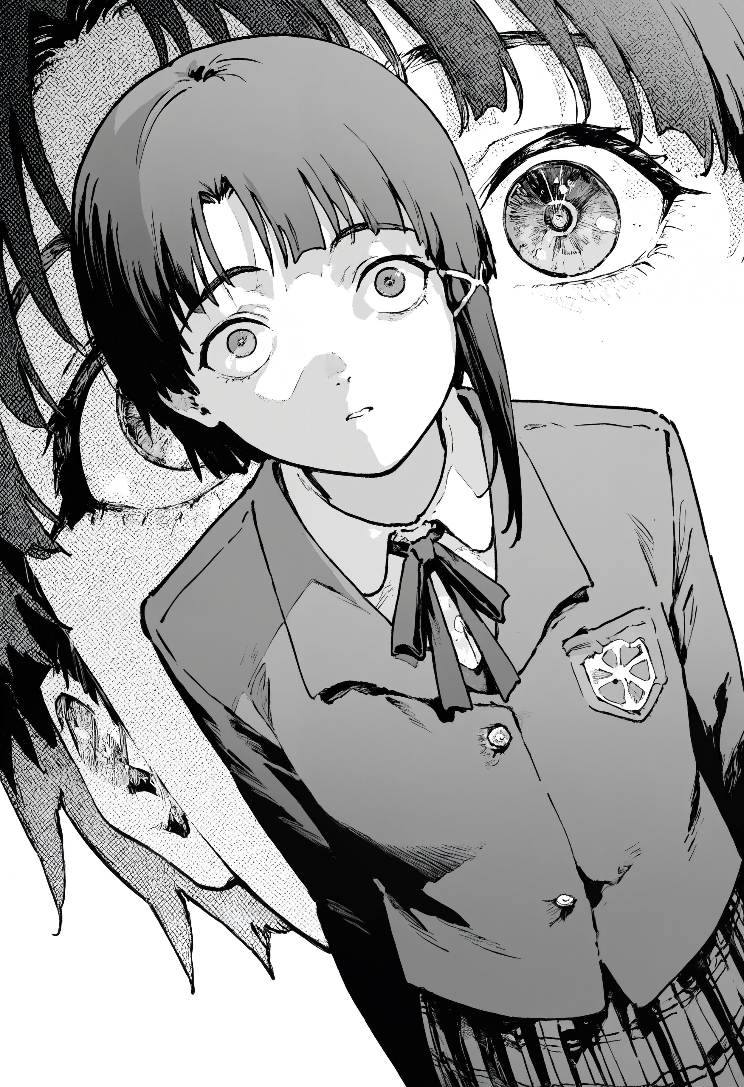 masterpiece, highres, absurdres, newest, very awa, monochrome, close-up, eye focus,  1girl, iwakura_lain_\(sel\), school uniform, neck ribbon, green plaid skirt,   eye reflection, wide-eyed, dutch angle,   

<lora:spo_sdxl_10ep_4k-data_lora_webui>,  <lora:NOOB_EPSv1_1_detailer_by_vlnvk_v1_0>, <lora:noobai_ep11_stabilizer_v0.30_fp16>, <lora:takayanagi_katsuya:0.7>
