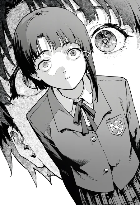 masterpiece, highres, absurdres, newest, very awa, monochrome, close-up, eye focus, 1girl, iwakura_lain_\(sel\), school uniform, neck ribbon, green plaid skirt, eye reflection, wide-eyed, dutch angle,
<lora:spo_sdxl_10ep_4k-data_lora_webui>, <lora:NOOB_EPSv1_1_detailer_by_vlnvk_v1_0>, <lora:noobai_ep11_stabilizer_v0.30_fp16>, <lora:takayanagi_katsuya:0.7>