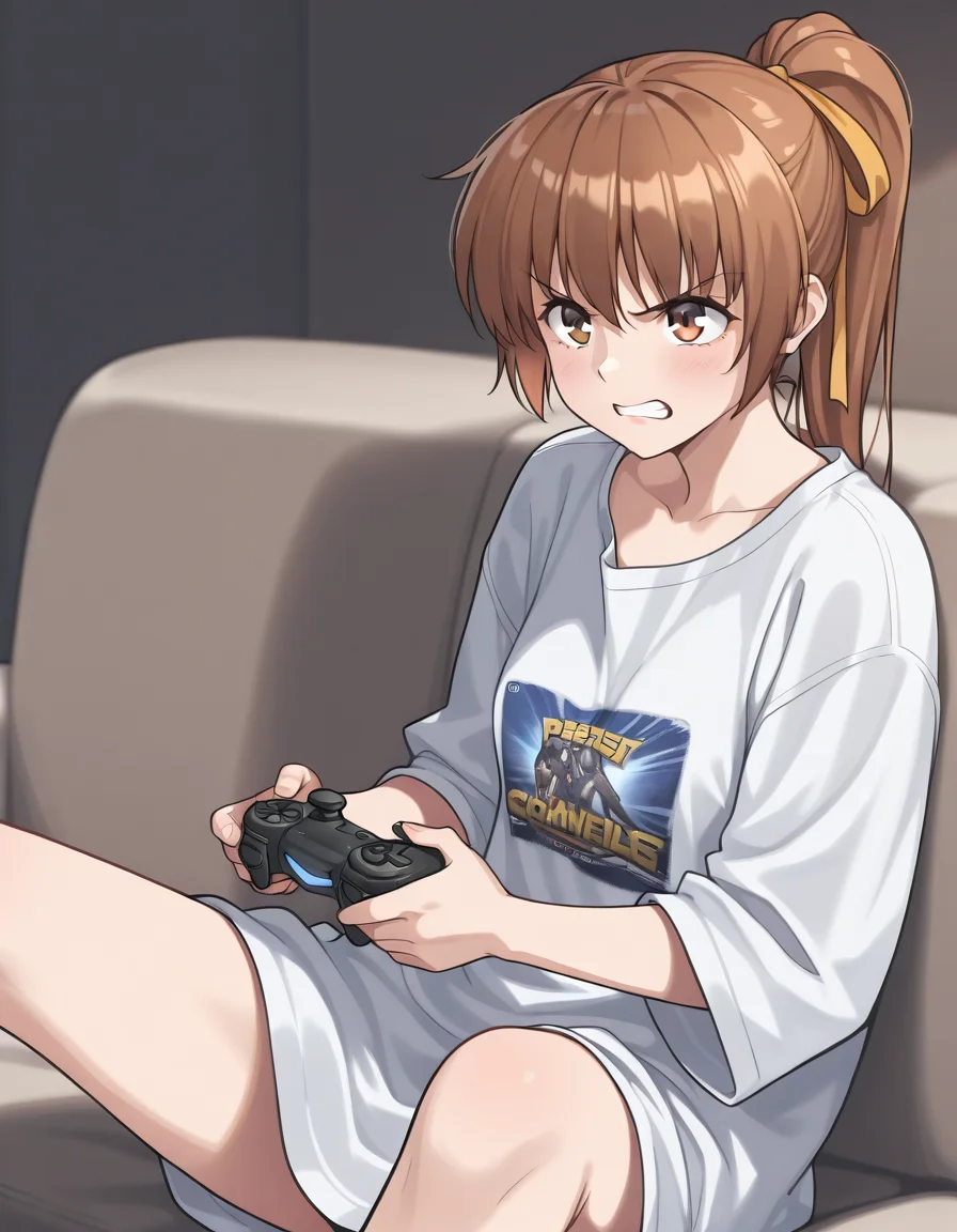 <lora:kasumi-illustrious-000010:1> kasfg, casual, oversized clothes, ponytail,
1girl, solo, playing games, angry, clenched teeth, playstation controller, couch
masterpiece, best quality, masterpiece, best quality