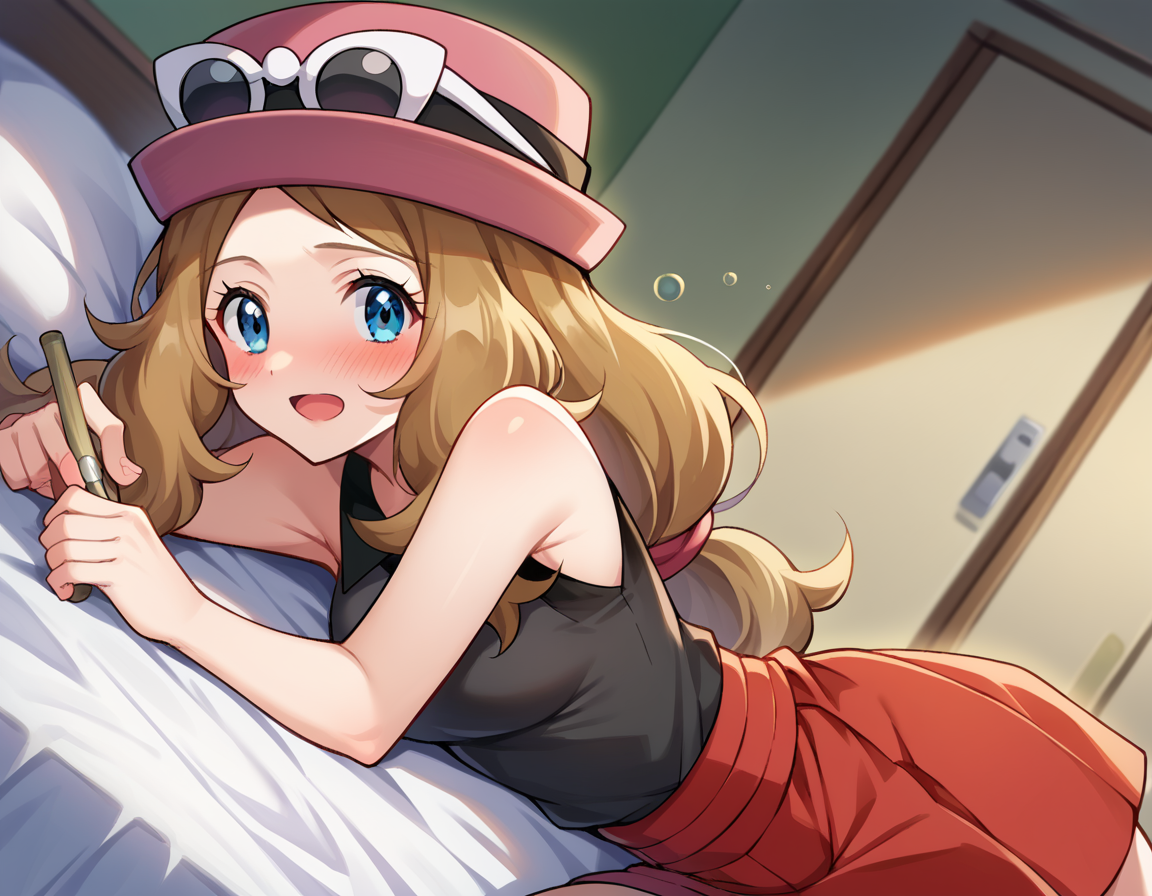 score_9, score_8_up, score_7_up, source_anime,
pokemonserena, <lora:pokemon-serena-ponyxl-lora-nochekaiser:1>
serena, long hair, blue eyes, brown hair,
eyewear on head, hat, skirt, sunglasses, shirt, black shirt, sleeveless, red skirt, pink hat,
indoors, bed, bed room, on side, blush, drunk,
looking at viewer, cowboy shot, dutch angle,
