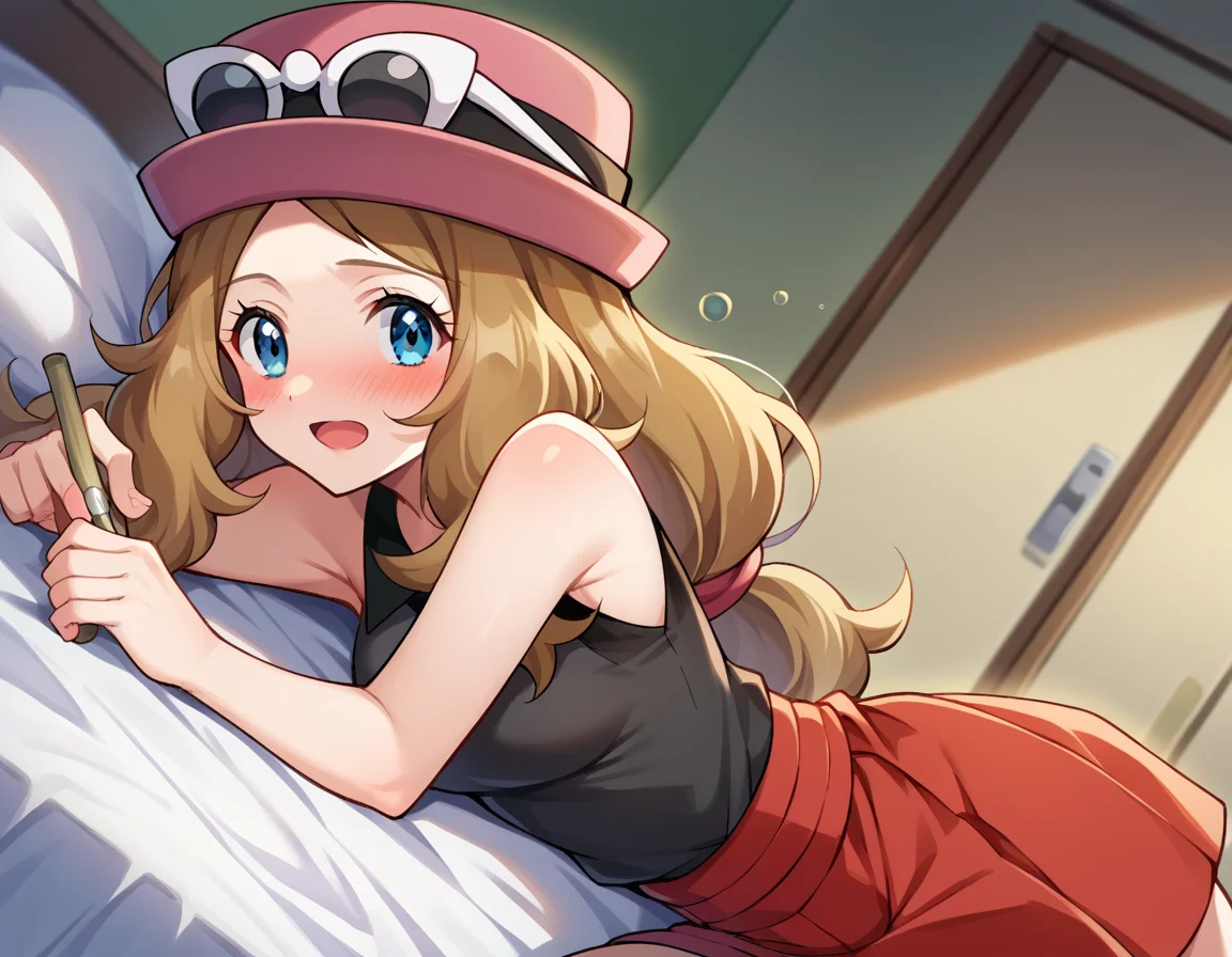 score_9, score_8_up, score_7_up, source_anime,
pokemonserena, <lora:pokemon-serena-ponyxl-lora-nochekaiser:1>
serena, long hair, blue eyes, brown hair,
eyewear on head, hat, skirt, sunglasses, shirt, black shirt, sleeveless, red skirt, pink hat,
indoors, bed, bed room, on side, blush, drunk,
looking at viewer, cowboy shot, dutch angle,