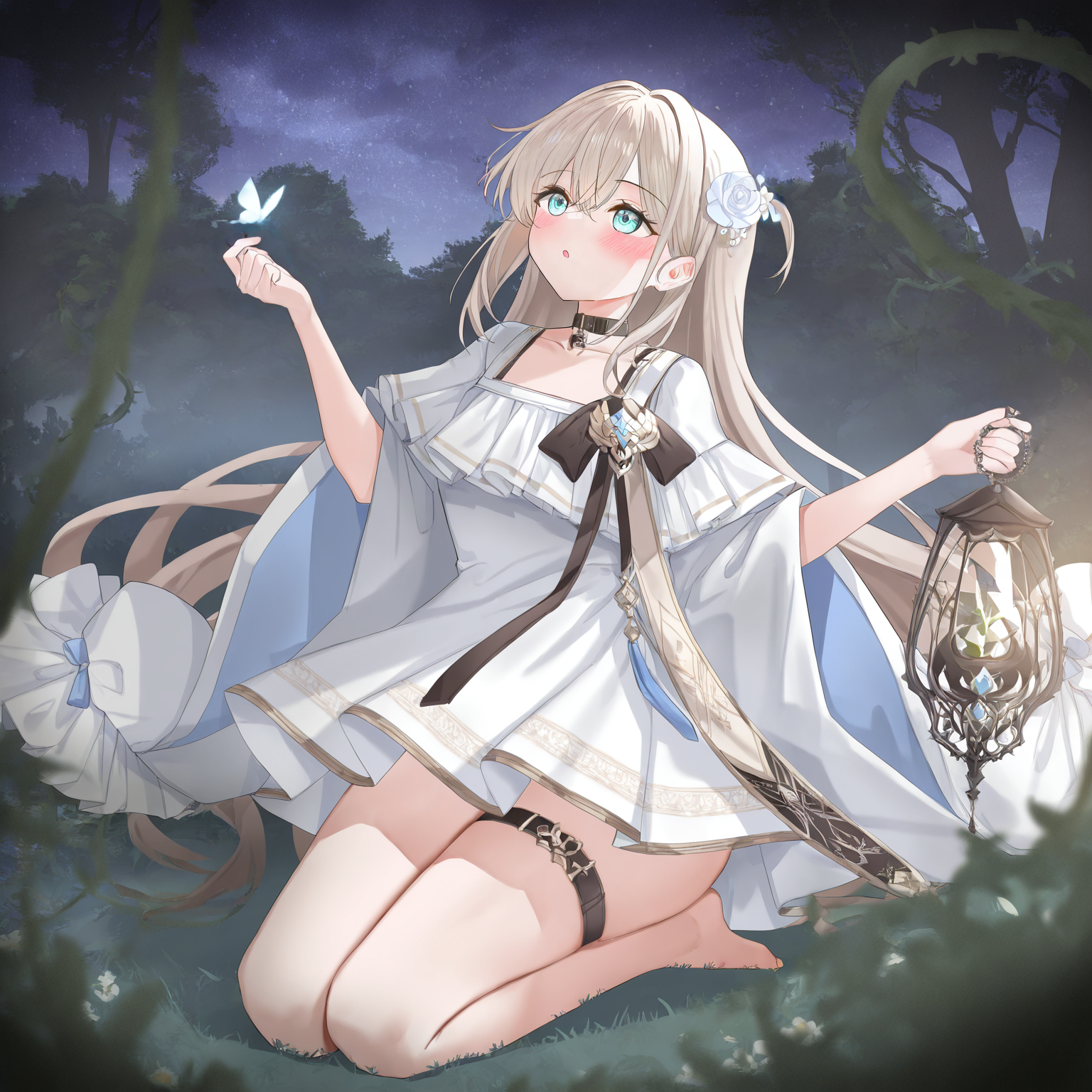 1girl, solovey, solo, full body, female focus, three-quarter view, (hair flower), blush, aqua eyes, detailed eyes, looking up, :o, white dress, hair ornament, thigh strap, barefoot, one hand holding lantern, hand on own chest, arm up, night, forest, starry sky, seiza, vines, black choker, very awa, masterpiece, very aesthetic, highres, absurdes, depth of field, volumetric lighting, best shadow, newest, <lora:solovey:1>