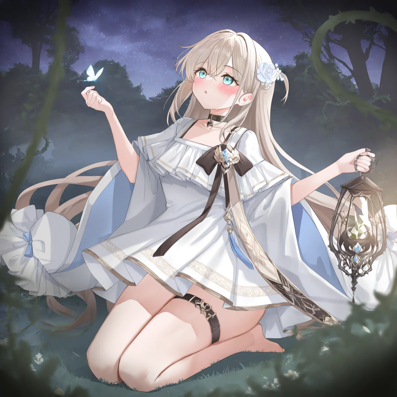 1girl, solovey, solo, full body, female focus, three-quarter view, (hair flower), blush, aqua eyes, detailed eyes, looking up, :o, white dress, hair ornament, thigh strap, barefoot, one hand holding lantern, hand on own chest, arm up, night, forest, starry sky, seiza, vines, black choker, very awa, masterpiece, very aesthetic, highres, absurdes, depth of field, volumetric lighting, best shadow, newest, <lora:solovey:1>