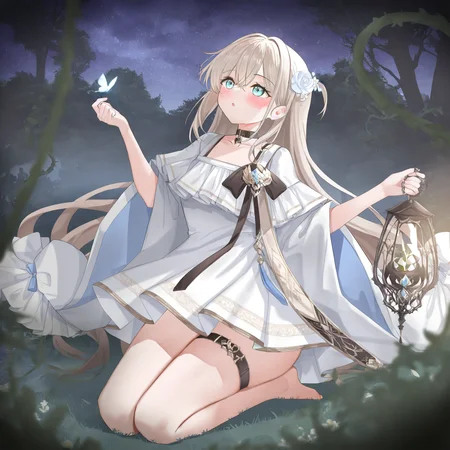 1girl, solovey, solo, full body, female focus, three-quarter view, (hair flower), blush, aqua eyes, detailed eyes, looking up, :o, white dress, hair ornament, thigh strap, barefoot, one hand holding lantern, hand on own chest, arm up, night, forest, starry sky, seiza, vines, black choker, very awa, masterpiece, very aesthetic, highres, absurdes, depth of field, volumetric lighting, best shadow, newest, <lora:solovey:1>