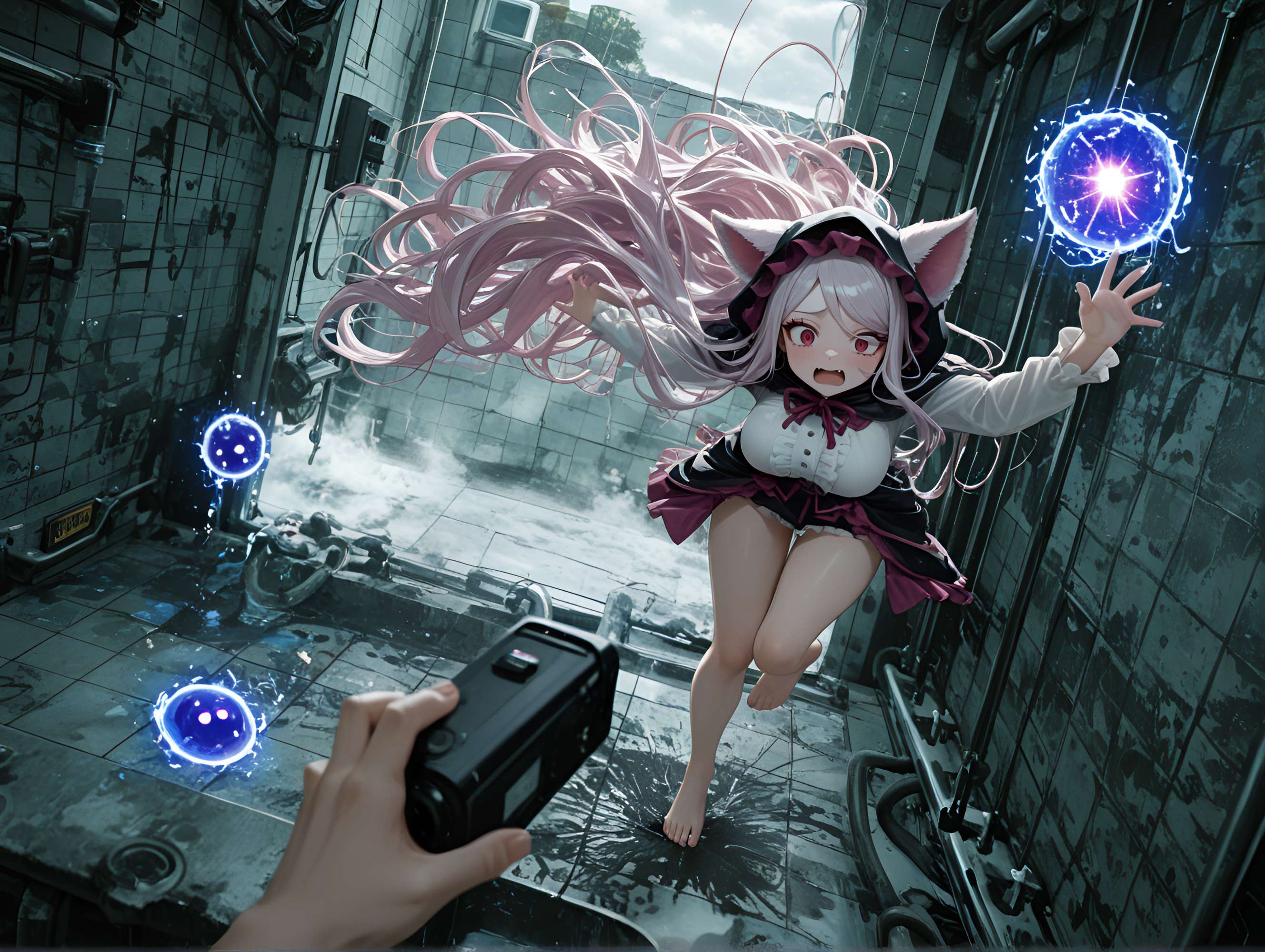 barefoot, anime character, long messy hair, falling, Portal Gateway Device, sighing implied), revealing cleavage., Dynamic Angle, Action Scene Implication, tripping, slime_(creature), motion_blur:1.1, very aesthetic, ink in water, Shalltear Bloodfallen (Overlord), Handheld Camera Shake, Industrial bathroom with concrete sink and exposed plumbing, 2boys, 1girl, nail_polish, masterpiece, Impatient expression (Tapping fingers, absurdres, Triadic Colors Theme, White button-up shirt worn with only a few buttons done, Slight Motion Blur, Checkerboard split hair, absolutely eye-catching, motion_lines:1.1, amazing quality, hanging breasts, very long hair, newest, ambient occlusion, casting spell from huge magical scroll case, tan skin, wolf_ears, large build, ultra-detailed, HDR, Foggy Atmosphere / Misty Light, best quality, pov, depth of field, medium breasts, cloudy, 8K