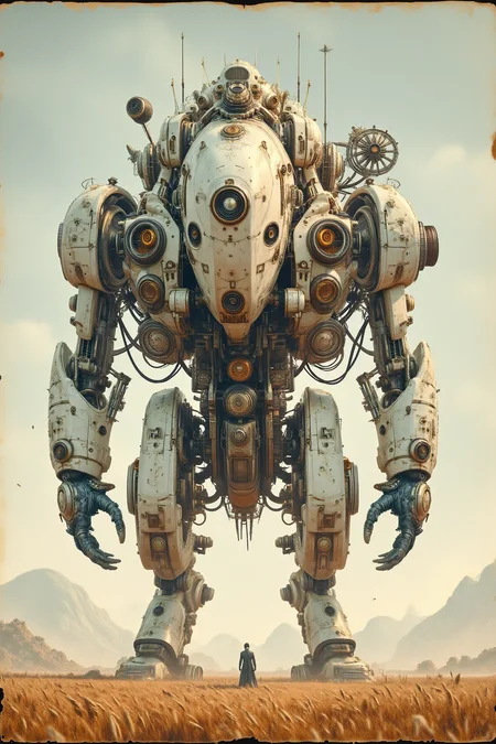 YFG-Sm0rg, YFG-Zaat, An illustration of a huge steampunk, robot monster, wheat field, distant mountains, pale blue sky, rococo, quiet and peaceful, priest, Simon Stalenhag style, parchment.