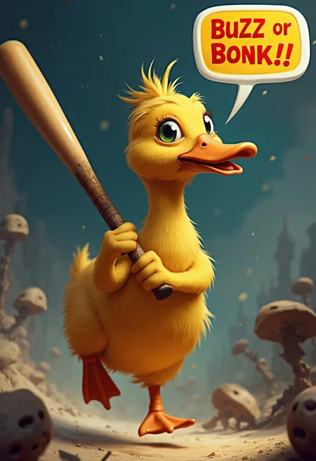 duck with baseball bat run at viewer with speech bubble he says "BUZZ or BONK!!!", dynamic scene, realistic, (bat in beak), watching ant viewer,