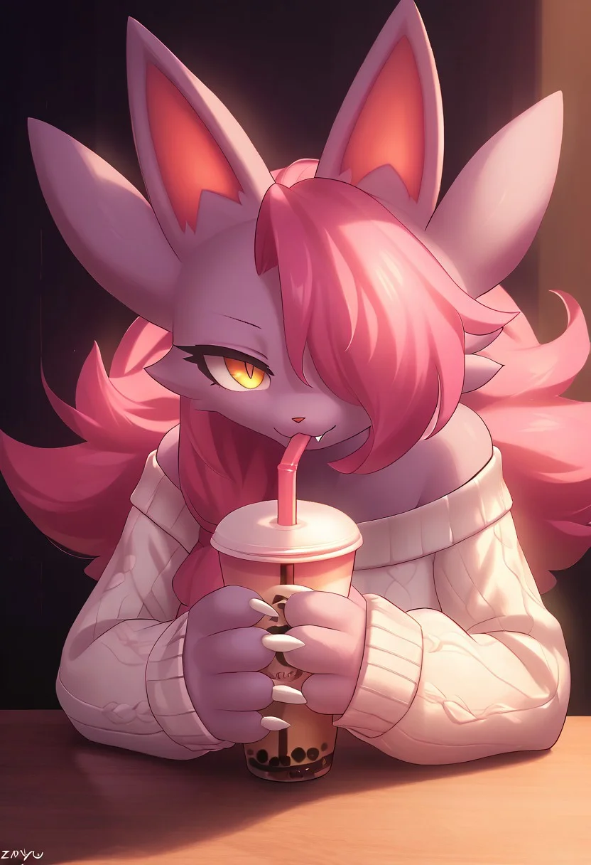 masterpiece, score_9, score_8_up, score_7_up, score_6_up, (by zinfyu), detailed, vibrant, soft lighting, hyper-detailed, source_furry, nyafia_palworld, palworld, bang, anthro, furry, pink body, pink hair, fangs, white sweater, sitting by table, drinking bubble tea, detailed eyes, anthro, calm and composed expression, soft glowing light, vibrant colors, looking at viewer