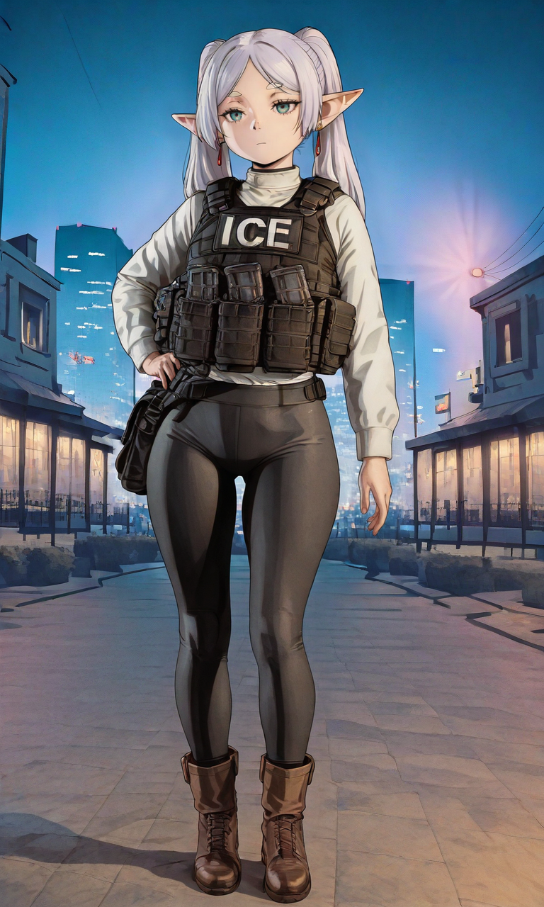 embedding:IllusP0s, GTAV5LS-ILV1.0, 1girl, solo, night, outdoors, ice bulletproof vest, expressionless, frieren_\(sousou no frieren\), elf ears, leggings, brown boots, city, night, contrast lighting,<lora:GTAV5-Loading-IL-000012.safetensors:1.0:1.0> <lora:ice_bulletproof_vest_illustrious.safetensors:0.9:0.9>