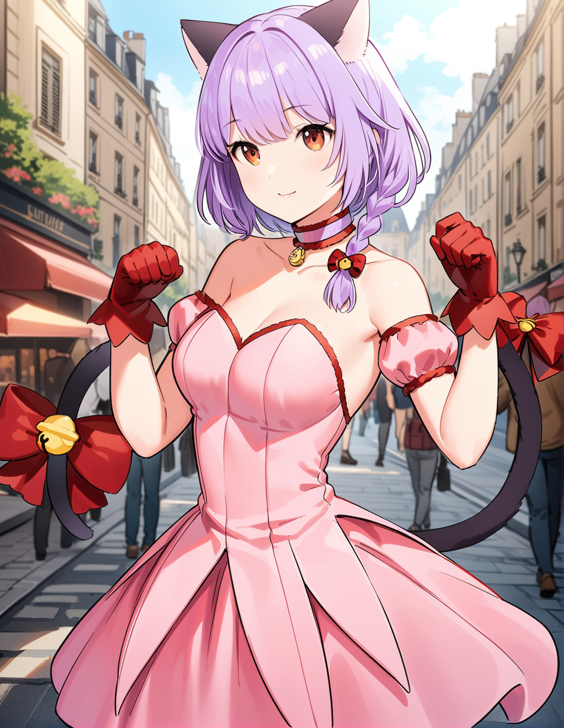 1girl, solo,  <lora:sdxl-lyco-mew_ichigo-cosplay-animagine_xl_3_1-AdamW8bit-v1-1-1:1:lbw=0,0,0,0,0,0,0,0,1,1,0,0,0,0,1,1,1,0,0,0,0,0,0,0,0,0>, mew_ichigo_cosplay, braided hair, light purple hair,   , tail bow, gloves, cat tail, red gloves, tail bell, choker, detached sleeves,pink dress, strapless, relaxed posture, elbows extended, standing,  ,,smile, best quality, very aesthetic, ultra-detailed, intricate details, 4k,BREAK  in paris