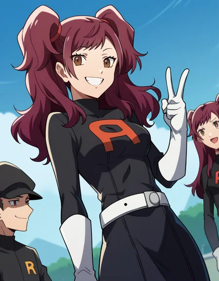 score_9, score_8_up, score_7_up, source_anime, <lora:rise-kujikawa-s1-ponyxl-lora-nochekaiser:1>, rise kujikawa, long hair, red hair, twintails, brown eyes, medium breasts,, <lora:team-rocket-uniform-ponyxl-lora-nochekaiser:1>, team rocket uniform, black hat, black shirt, black skirt, white belt, white gloves, single letter,, smile, smug, v, outdoors,, , cowboy shot, dutch angle