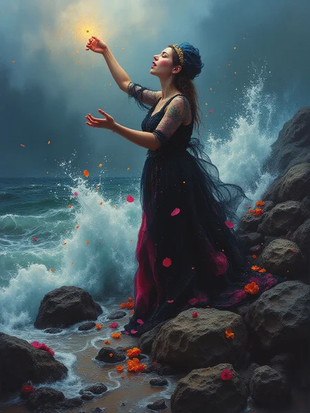 French elderly female siren singing on a rocky stormy seashore <lora:Midjourney_Whisper_Chromaplex_Velvet_Myst_v01:0.8>
