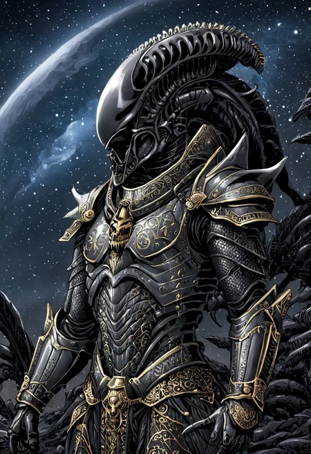 An insanely Detailed Divine Xenomorph, Golden and silver in color, a crimson tinge to the golden color, Hyperdetailed, Omnipresent, Beautiful, Sinister overtones, otherworldly,((masterpiece, best quality)), fantasy, solo, 1 alien knight, silver armor chestplate with silver medieval ornaments and runes, galactic night sky background, perfect composition, sidelighting, outdoor,