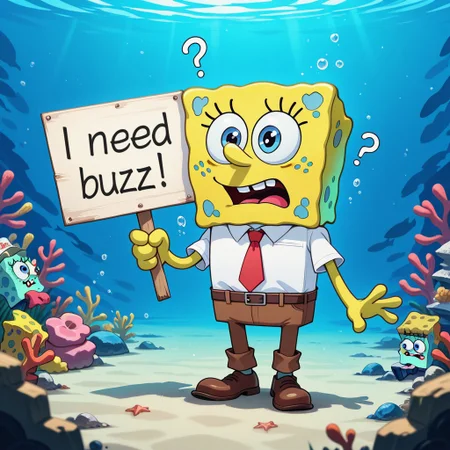 ((SpongeBob SquarePants)), white shirt, red tie, brown pants, need_buzz, (holding sign), confused, underwater, cartoon