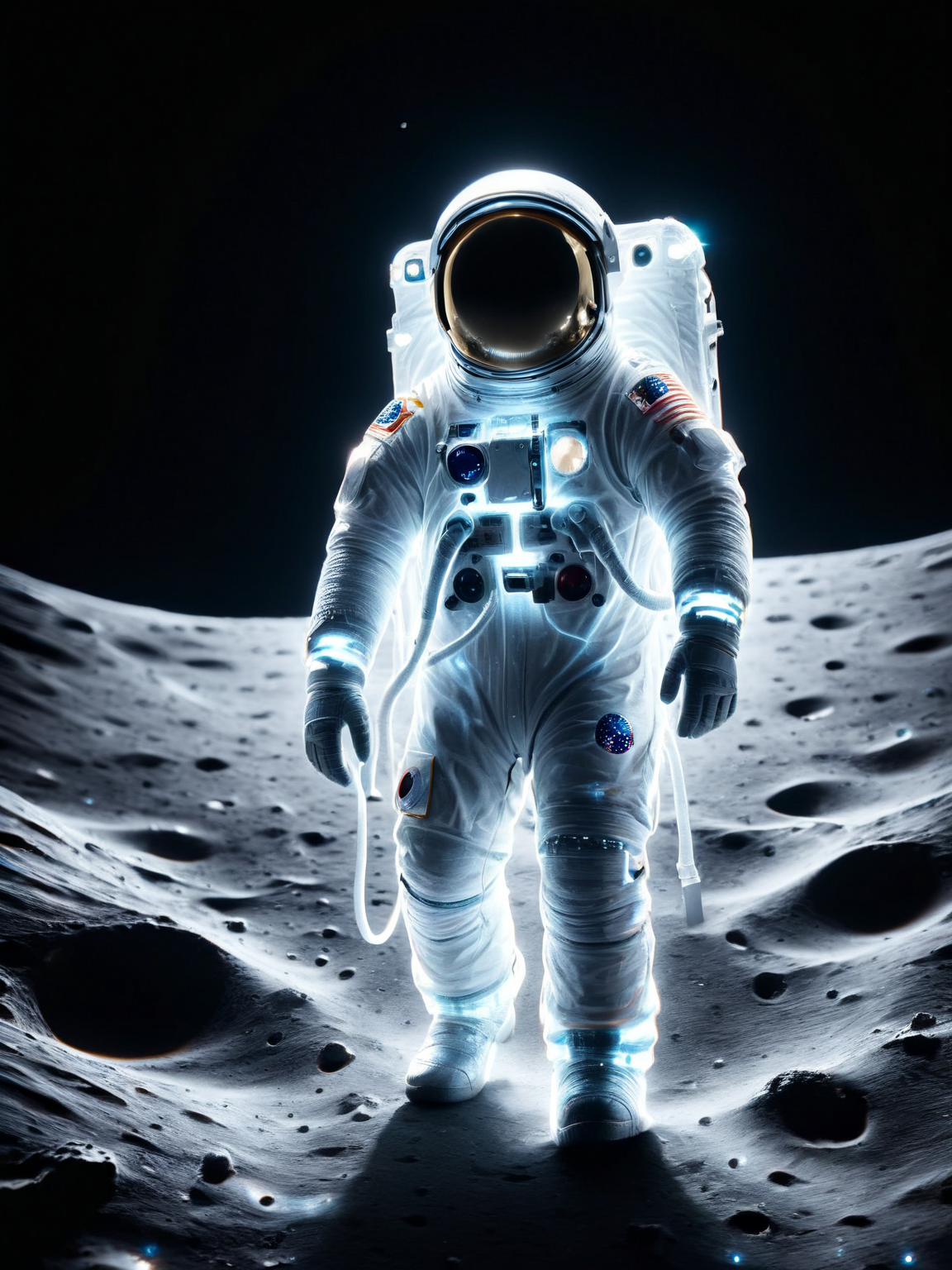 A lone astronaut, suit equipped with subtle ais-blmn accents, walking on the moon <lora:ais-blmn-sdxl:1>