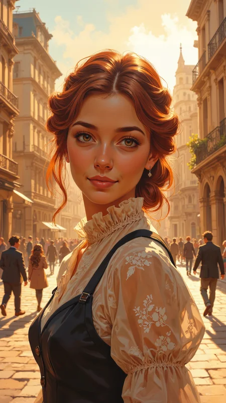 High-resolution anime-style illustration with impressionistic influences, a young woman in a European city street at golden hour, soft sunlight casting a glow on her face. She wears a vintage-inspired dress with delicate embroidery, her auburn hair styled into an elegant braided updo, loose strands catching the breeze. Her warm, hazel eyes sparkle with curiosity, lips slightly parted in a soft, knowing smile. The blurred movement of passing people contrasts with her stillness, historic buildings bathed in warm hues fading into a hazy skyline. Painterly brushstrokes blend soft pastels and rich textures, creating a dreamy, nostalgic atmosphere <lora:oilpaintzver5:0.8> <lora:ILLUSTRATION_(FLUX)_-_V3.1:0.4> <lora:Anime_v1.3:0.6>